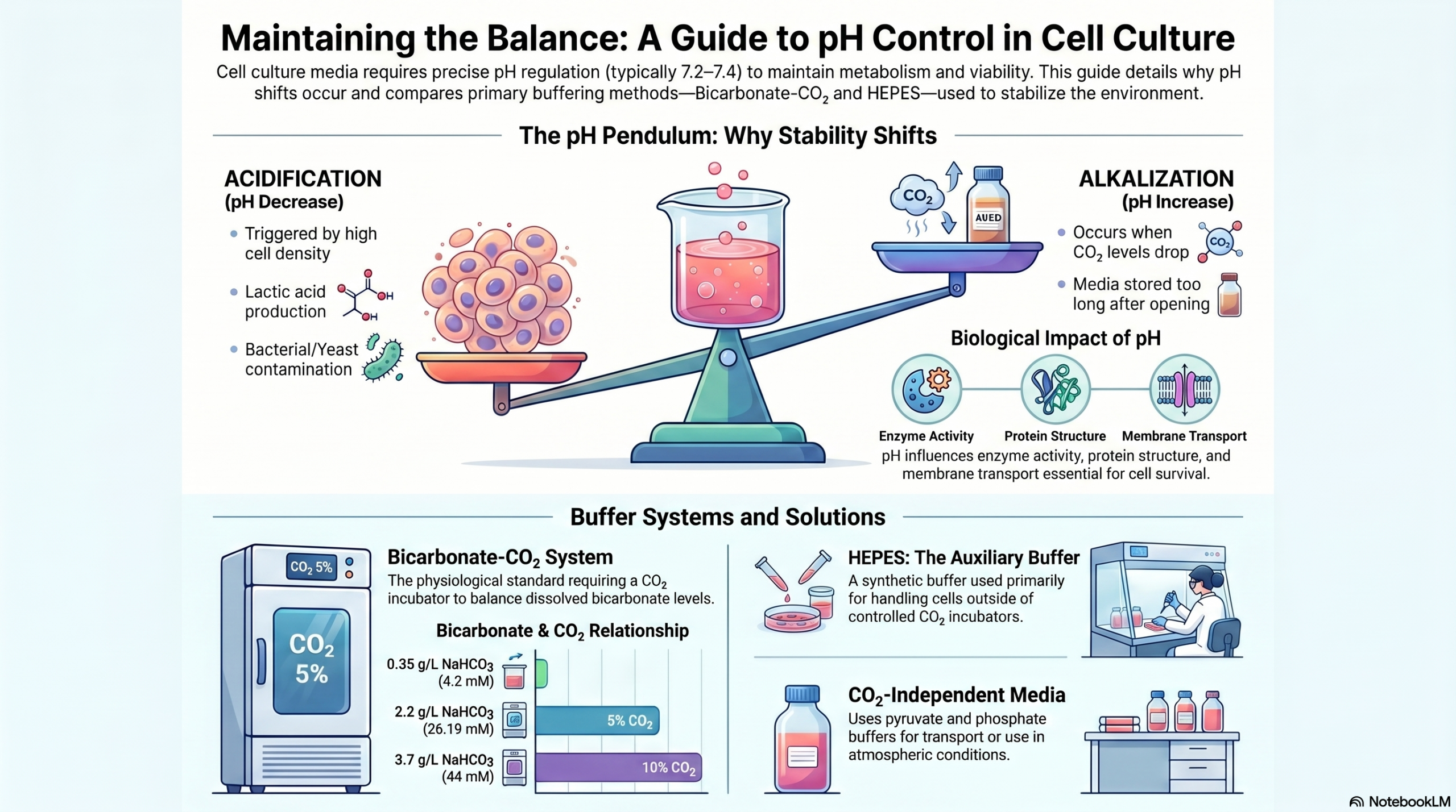 infographic showing pH control in cell culture media including acidification causes buffering systems bicarbonate co2 and hepes comparison
``