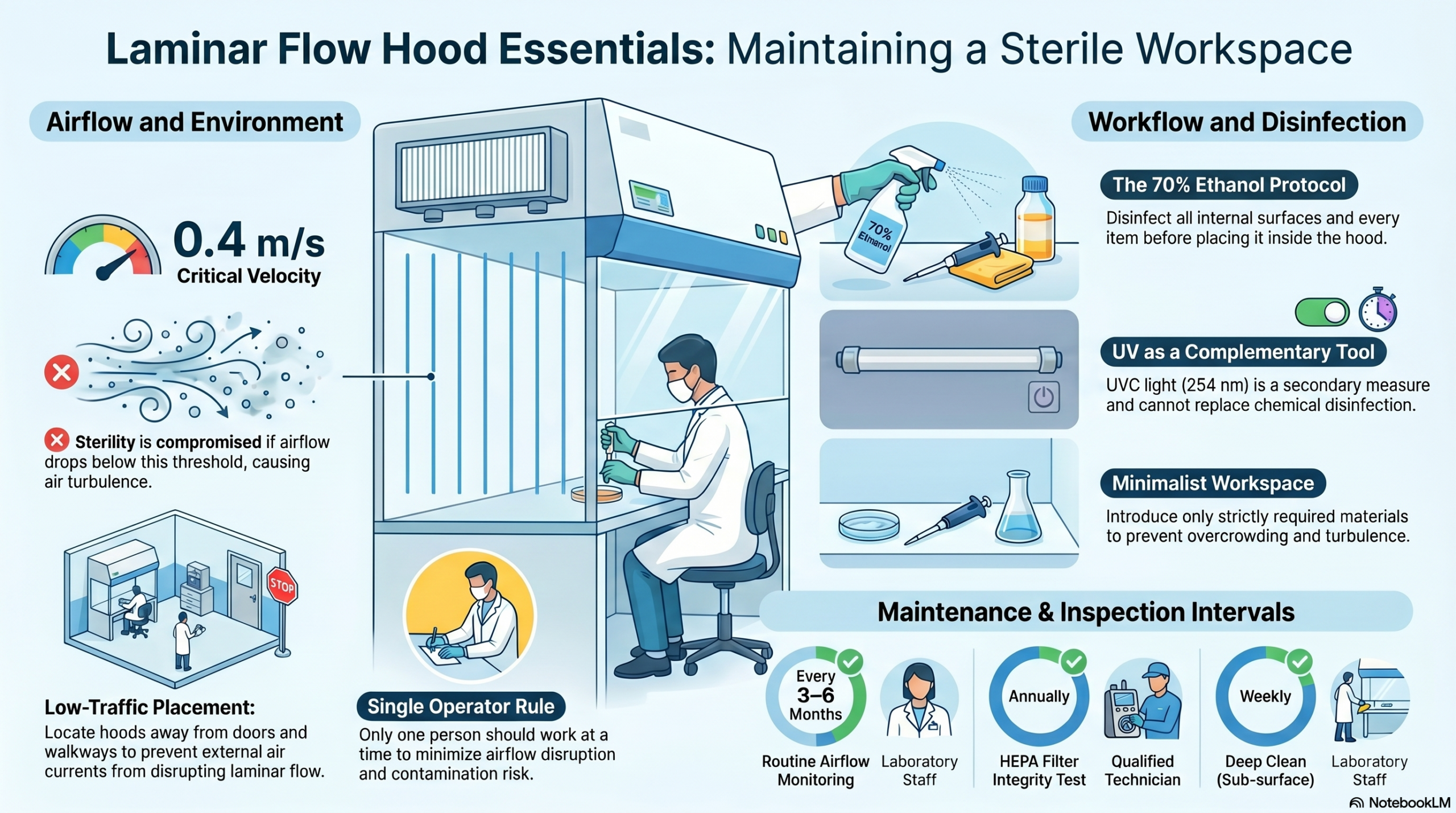 infographic showing essential practices for working in a laminar flow hood including airflow velocity sterile technique uv use and maintenance intervals in cell culture laboratories