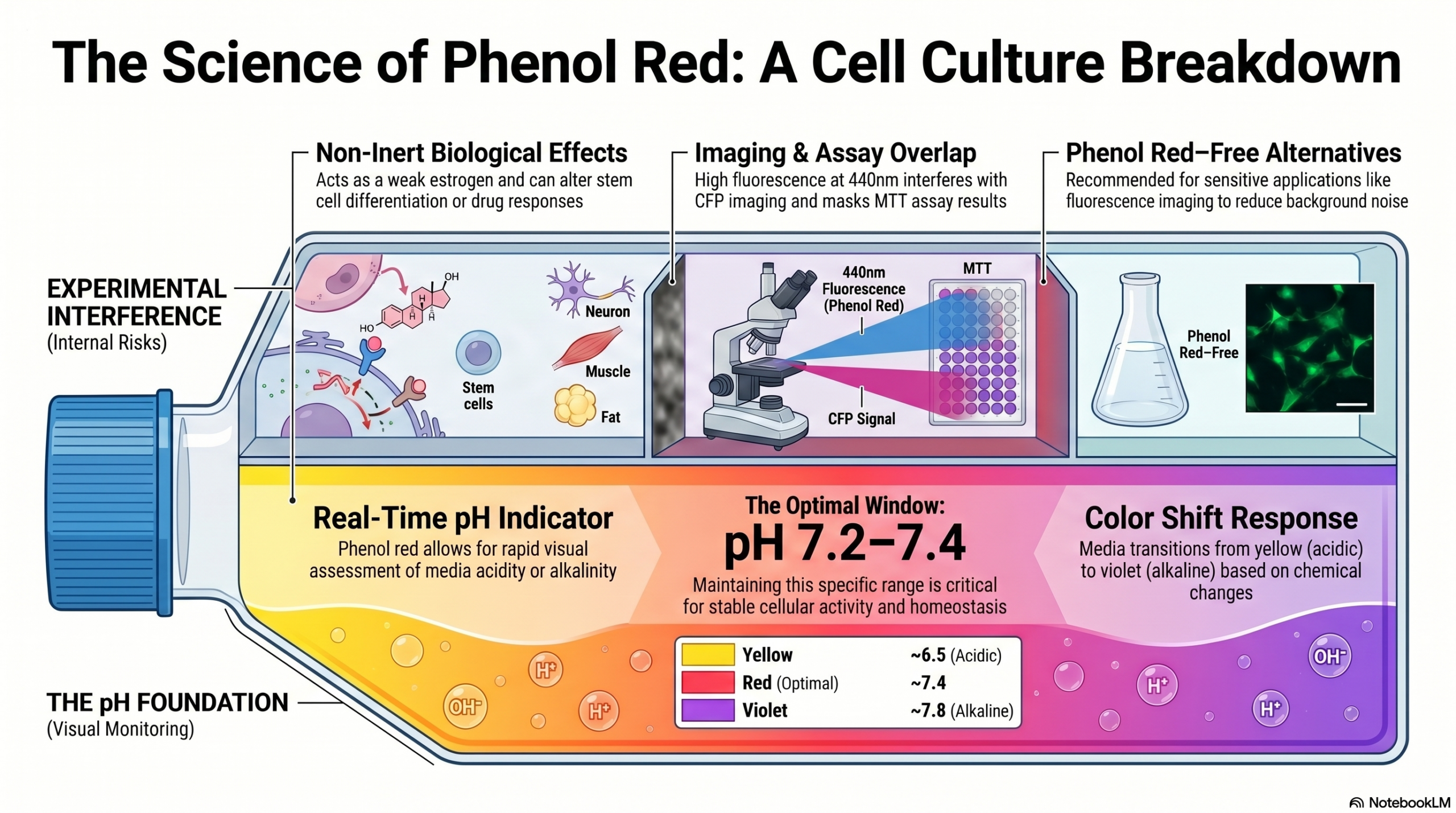 infographic explaining phenol red in cell culture showing pH color change biological effects fluorescence interference and phenol red free alternatives